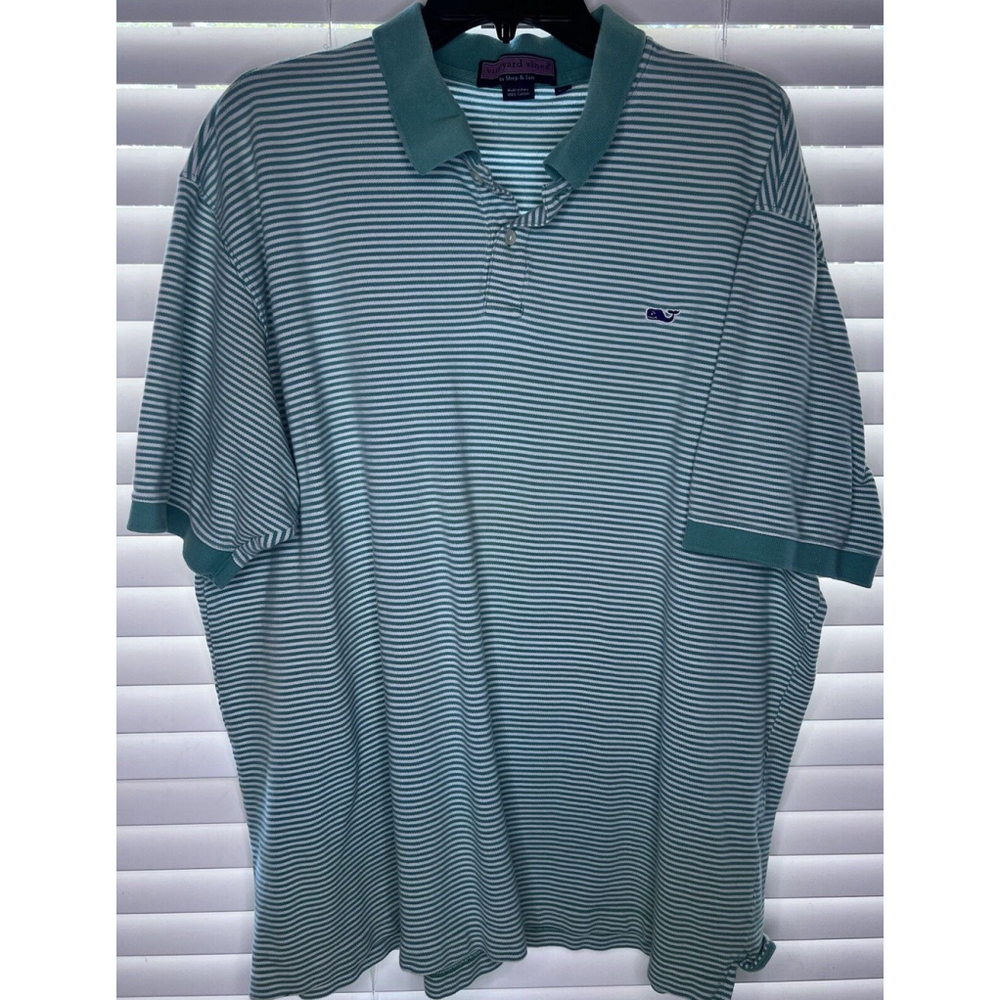 Vineyard Vines Green White/Short Sleeve Polo Shirt Men Size 2XL Preppy Striped